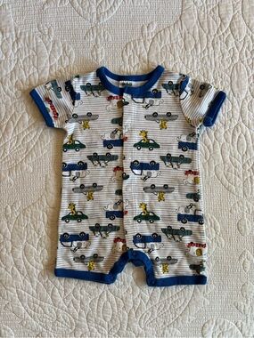 Blue-Trim Baby One-Piece Romper with Car & Animal Print